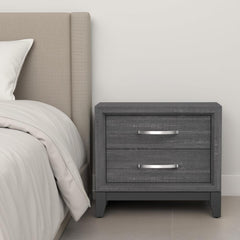 Pinnacle Bedside Nightstand, 2 Drawers Chrome Bar Handles, Gray Wood