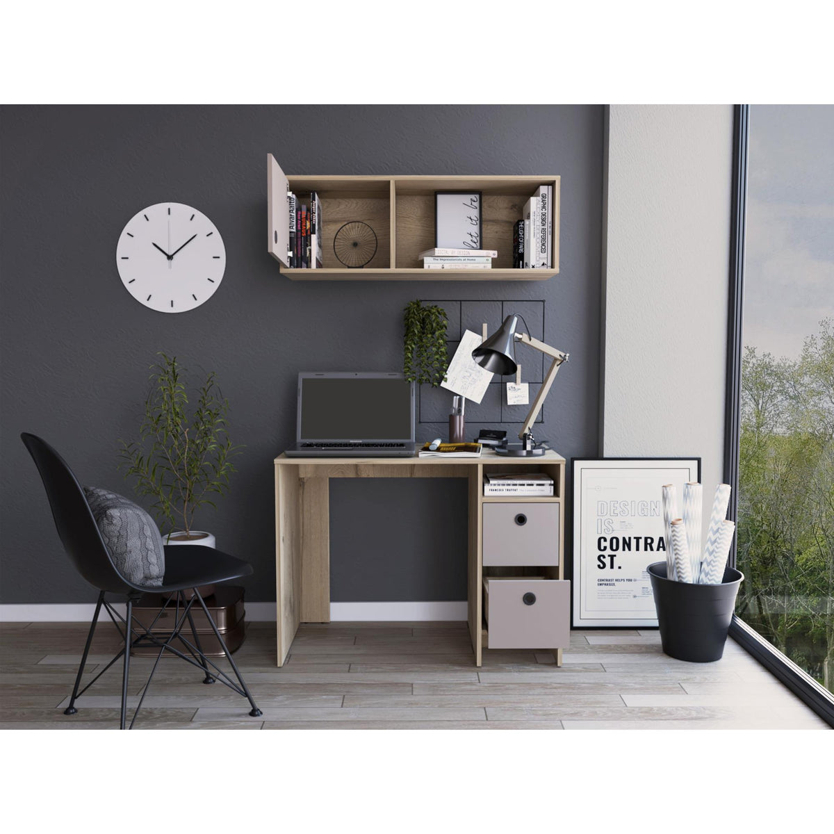 Halo 2-Pc Office Set, Two Shelves, Two Drawers, Wall Cabinet, Single Door Cabinet, -Light Oak / Taupe