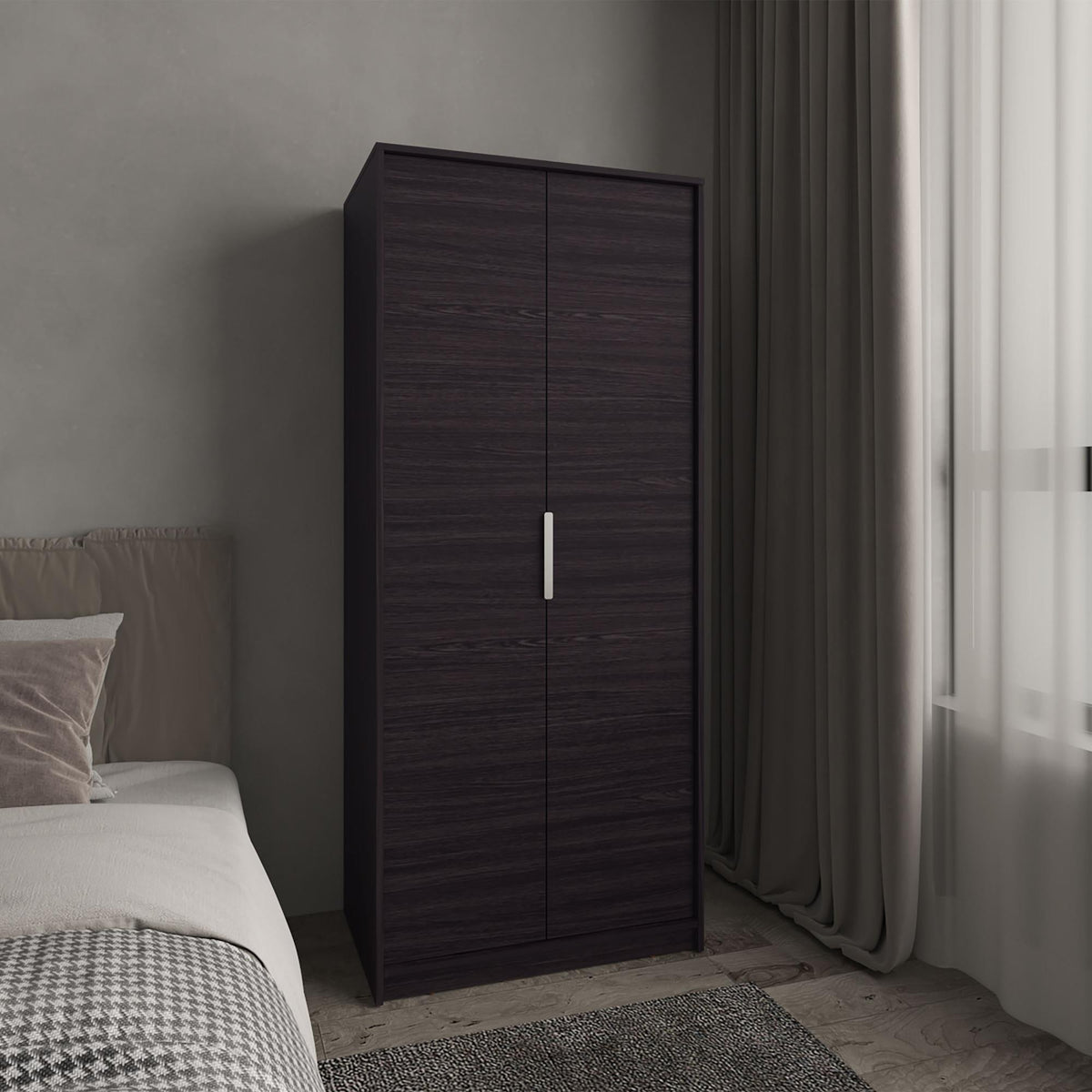 Vertex Armoire Double Doors, Hanging Rod And Interior Shelves, Freestanding Modern Wardrobe, Black