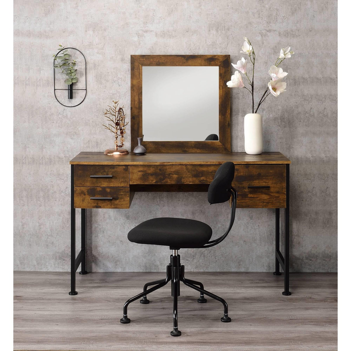 Sun Rustic Oak & Black Finish Vanity Desk & Mirror