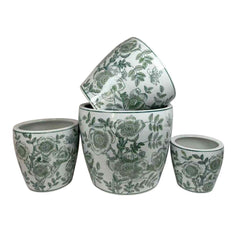 Epic Accent Planter Pot Set of 4, Green Floral Pattern, White Ceramic