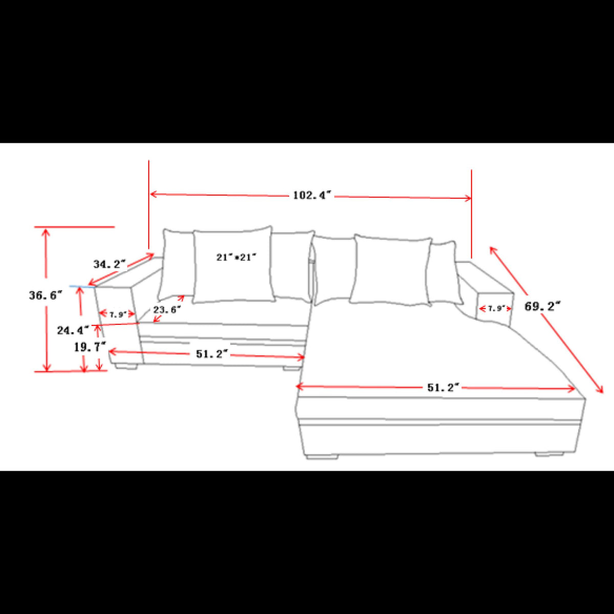 Odysseus Oversized Two-Piece Right Facing Sectional Couches for Living Room, 102.4-Inch L Shaped Sofa with Chaise, Upholstered with Corduroy Fabric, Black