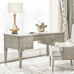 Zeus Gold Accent 5-Drawer Wood Executive Desk Grey Cashmere Rubber Wood & Veneer