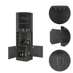 Story Corner Bar Cabinet, Eight Bottle Cubbies, Double Door, Two Open Shelves -Smokey Oak