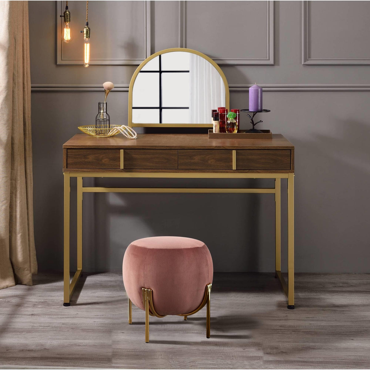 Aura Walnut & Gold Finish Vanity Desk W/Mirror & Jewelry Tray