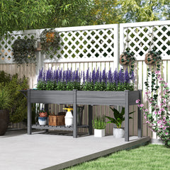 Wood Raised Garden Box, Elevated Garden Bed with Side Table, Bottom Shelf, Bed Liners and Drainage Holes, Gray