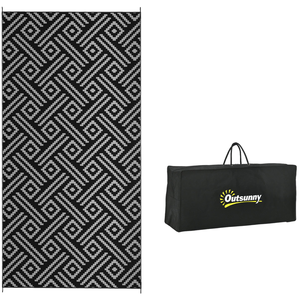 Reversible Outdoor Rug Carpet RV Camping Rugs with Carry Bag, 9' x 18', Black & Gray Geometric