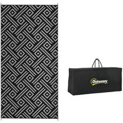 Reversible Outdoor Rug Carpet RV Camping Rugs with Carry Bag, 9' x 18', Black & Gray Geometric