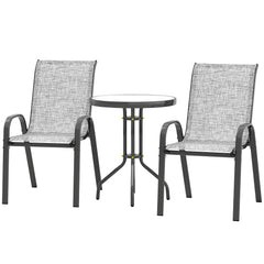 3 Pieces Bistro Set, Small Patio Furniture Set with Stackable Chairs and Glass Table for Backyard, Balcony, Gray
