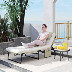 Folding Chaise Lounge Pool Chair with 4-level Reclining Back, Cushion, Side Pocket, Headrest, Beige