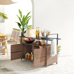 2-Tier Shelf PE Rattan Outdoor Bar Table, Glass Top Outdoor Serving Cart with Cabinet, Mixed Brown