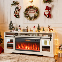 Fireplace TV Stand for TVs Up to 80 Inch, TV Console with Electric Fireplace, Open Storage and Side Cabinets, White