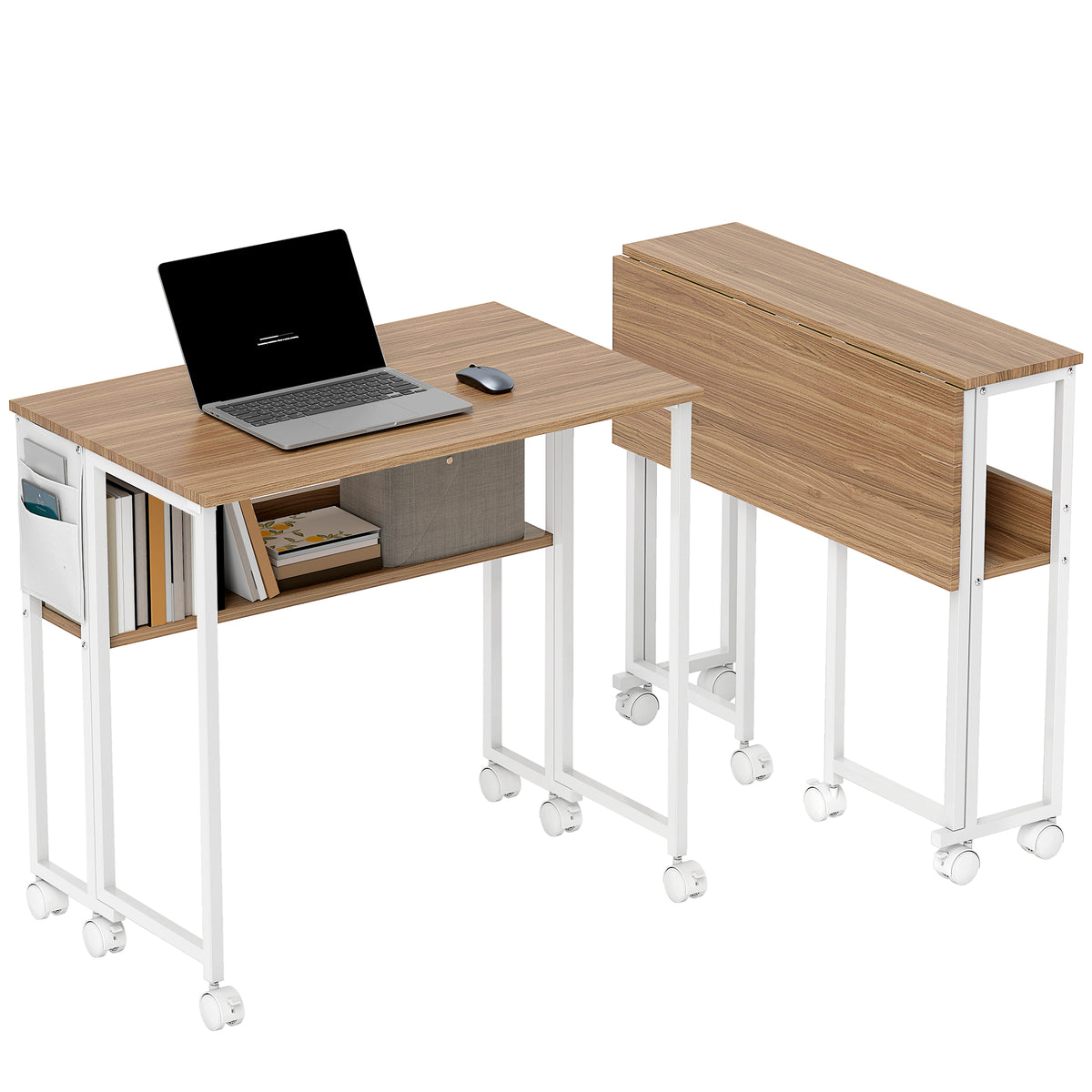 Folding Computer Desk, Foldable Desk with Storage Bag, Shelf and Wheels for Small Spaces, Home Office, Natural Wood