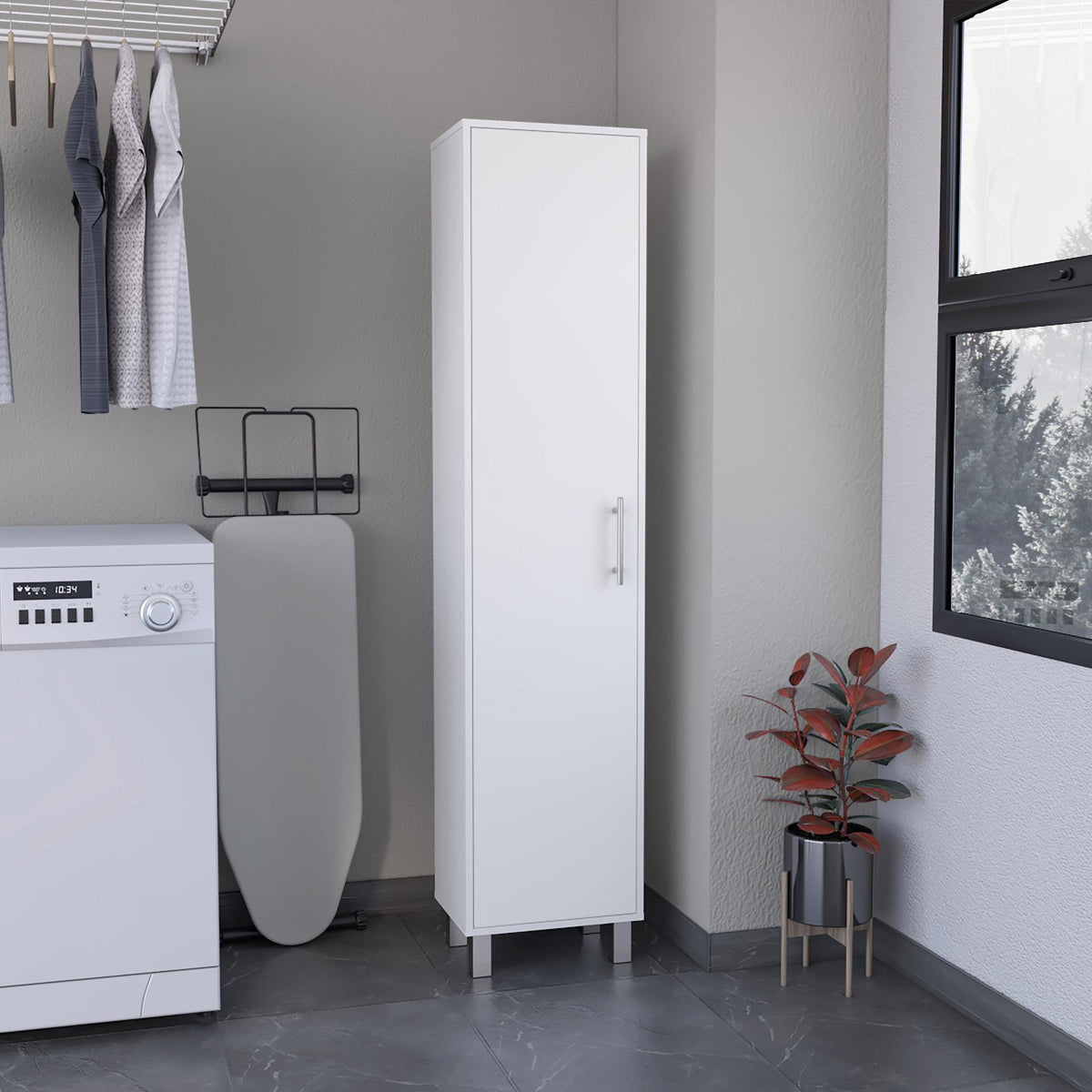 Storage Cabinet 71" H, Five Internal Shelves, Three Broom Hangers, White