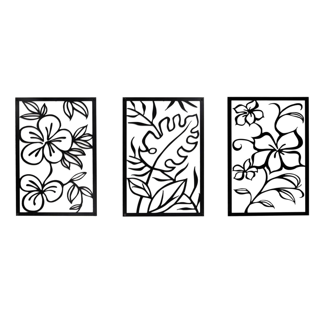 Melody 3 Piece Set Wall Decor, Floral Hollow Out Abstract Design, Black Rectangular Metal Frame