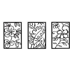 Melody 3 Piece Set Wall Decor, Floral Hollow Out Abstract Design, Black Rectangular Metal Frame
