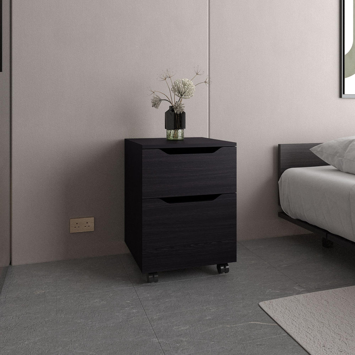 Quasar Open Shelves Nightstand With One Door, Modern Bedside Table For Bedroom Storage, Black