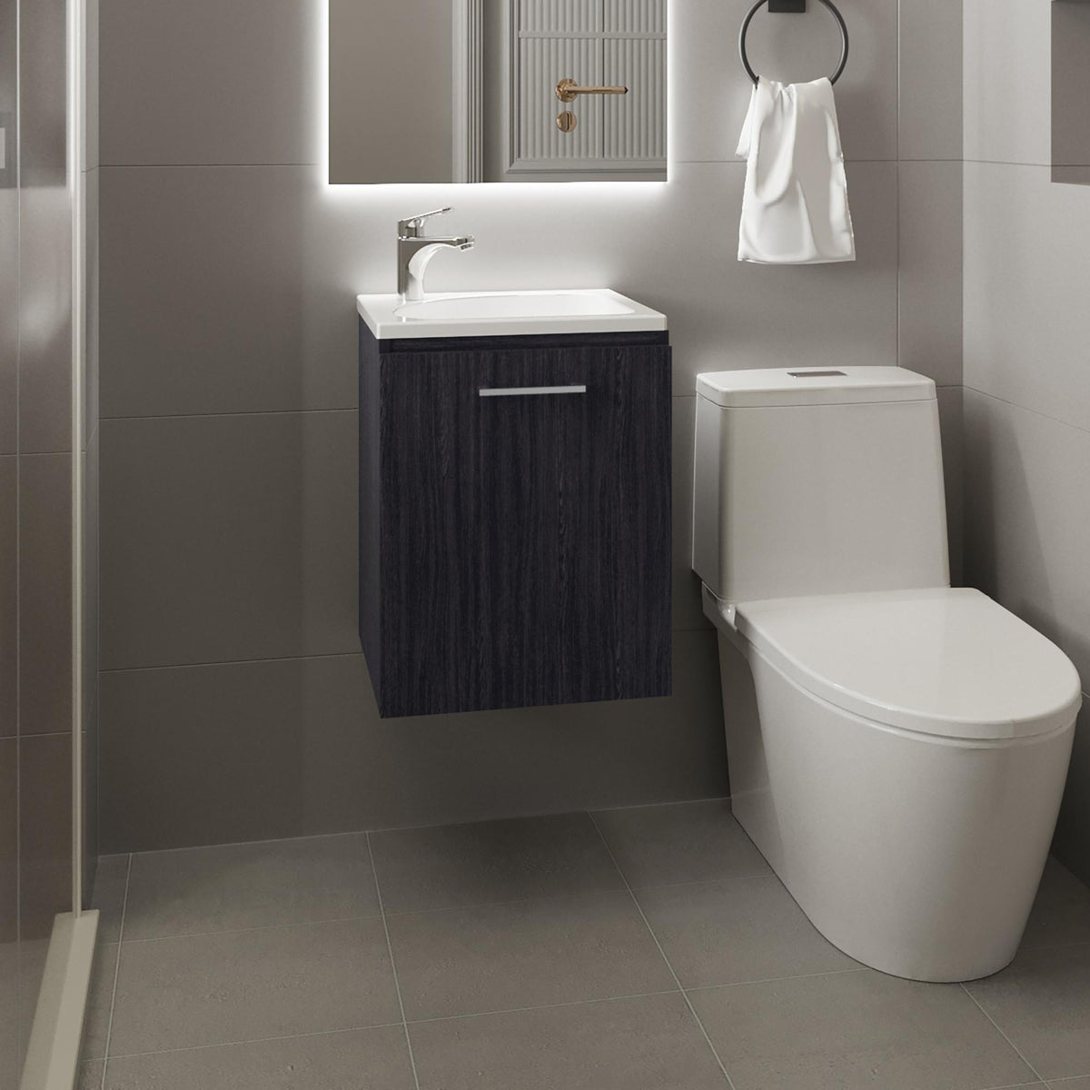 Crest Floating, Wide One-Door Cabinet Vanity, With Resin Sink And One Shelf, Bathroom Storage, Black