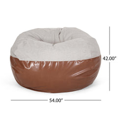 Supernova 5 Foot Two color Fabric and Faux Leather Rounded Bean Bag, Light Grey and Coffee Brown