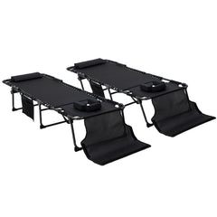 2 Piece Folding Chaise Lounge Pool Chairs with 5-level Reclining Back, Reading Hole, Side Pocket, Black