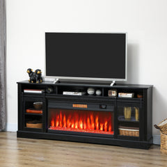 Fireplace TV Stand for TVs Up to 80 Inch, TV Console with Electric Fireplace, Open Storage and Side Cabinets, Black