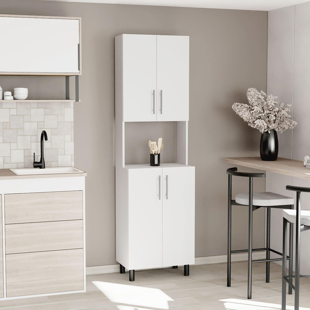 Andromache 76,8" Tall Two Double Door Cabinet Kitchen Pantry with Hutch and Five Shelves, Microwave Cabinet, Storage Cabinet, Kitchen Organization, Garage Cabinet, Kitchen White
