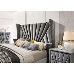 Bedroom Wingback Headboard 1pc Queen Size Bed Furniture Gray Fabric Upholstered Unique Beautiful Bed