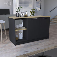 Poem Kitchen Island with Large Top Surface, Double Door Cabinet, and Open Shelves Black / Macadamia
