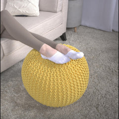 Poseidon Knitted Cotton Round Pouf, Yellow