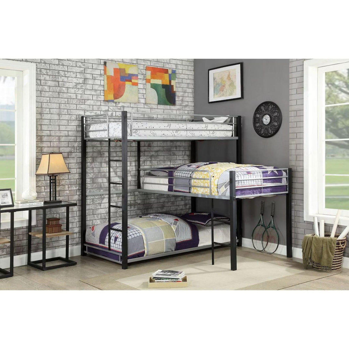 Unique Triple Twin Decker Bed Contemporary Style Full Metal Construction Two Ladders And Guard Rails sand Black Finish