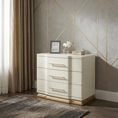 Cassandra 3-Drawer Nightstand in Beige with Textured Finish and Gold Finish Handles
