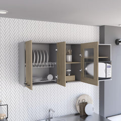 Supernova Wall-Mounted Kitchen Cabinet Organizer with Microwave Space, 4 Doors, Interior Storage Shelves, Open Shelf, and Built-In Dish Holder