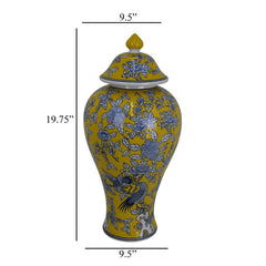 Shangri-La Decorative Jar, Yellow Bird and Floral, Blue Ceramic 20 Inch