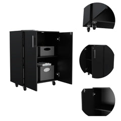 Storage Cabinet, Casters, Double Door, Two Interior Shelves -Black
