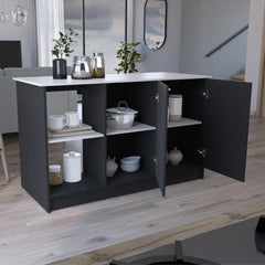 Poem Kitchen Island with Large Top Surface, Double Door Cabinet, and Open Shelves Black / Ibiza Marble