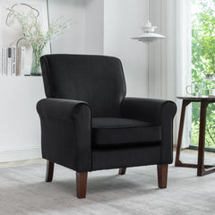 Traditional Rolled Arm Armchair, Solid Birch Wood Frame with Tapered Brown Legs, Polyester Blend Printed Cloth Upholstered Chair with Foam Filled Seat for Living Room Office