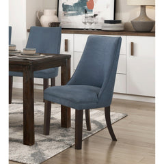 7pc Dining Set Dark Brown Finish Table and Blue Fabric Upholstered 6x Side Chairs Wooden Modern Dining Kitchen Furniture