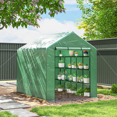 Outdoor Walk-in Greenhouse with Roll-up Zipper Door, 18 Shelves, PE Cover, 95.25" x 70.75" x 82.75", Green