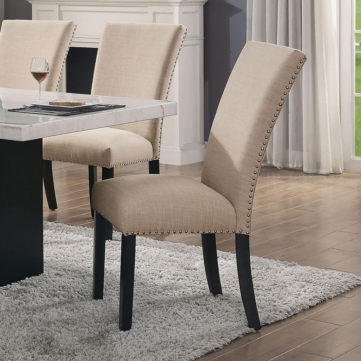 Quasar Linen Like Fabric Contemporary 2pc Dining Side Chairs Nalihead Trim Black Solid wood Legs Dining Room Chairs
