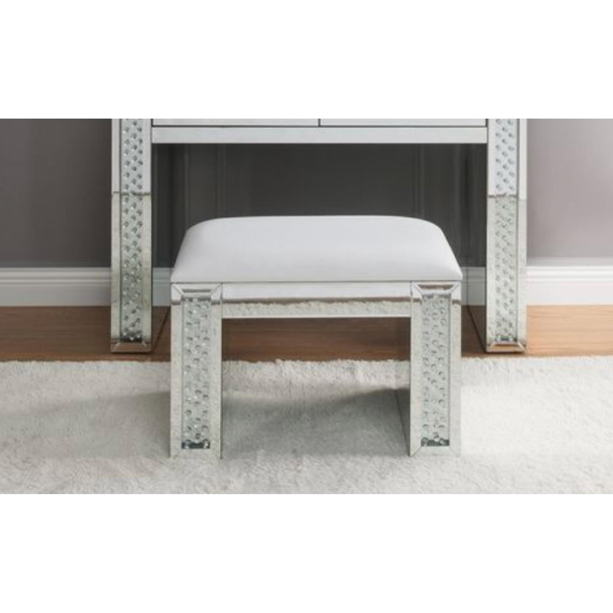 Perseus Ivory Synthetic Leather , Mirrored & Faux Crystals Vanity Stool (Assembled)
