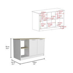 Poem Kitchen Island, Four Open Shelves, Two Cabinets -Light Oak / White