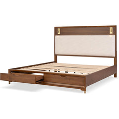 Mid-Century Modern 1pc Eastern King Size Bed w Storage Drawers Walnut Solid wood Upholstered HB Reading Light Bedroom Furniture