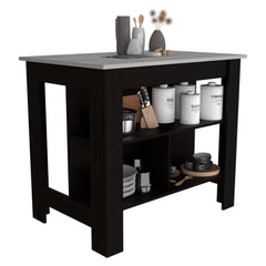 Kitchen Island, kitchen table 35" H, Four Legs, Three Open Storage Shelves, Black / Ibiza Marble Finish