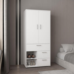 Vista Armoire with Double Doors, Interior Hanging Rod, Shoe Racks and Multiple Drawers, Freestanding Wardrobe