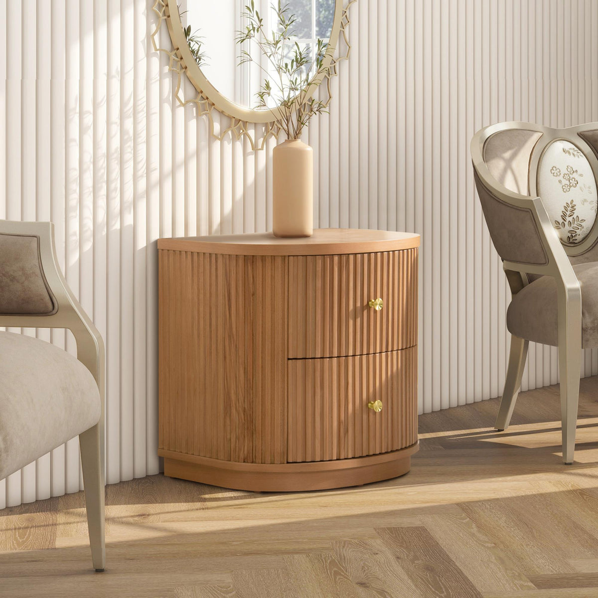 Chronos 24" 2-Drawer Storage Side Table, Natural Brown Beech Wood