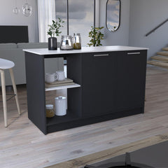 Poem Kitchen Island with Large Top Surface, Double Door Cabinet, and Open Shelves Black / Ibiza Marble