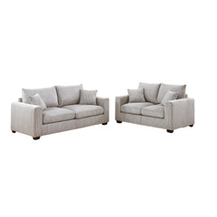 Classic Living Room 2pc Sofa Set Ivory Corduroy Sofa And Loveseat w Pillows Square Arms Plush Couch