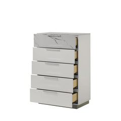 Hecuba Chest White – Two-Tone High-Gloss Marble & Lacquer Finish with Five Smooth-Glide Drawers, Velvet-Lined Top Drawer