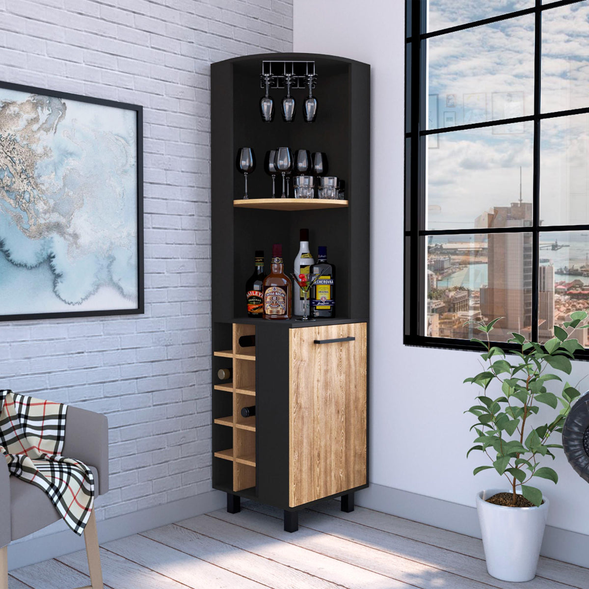 Lyra Corner Bar Cabinet, Two Shelves, Ten Built-in Wine Rack, Single Door Cabinet, Two interior Shelves, -Black / Pine