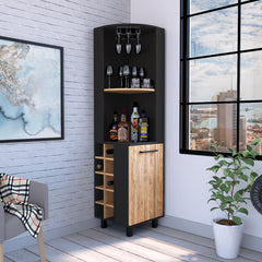 Lyra Corner Bar Cabinet, Two Shelves, Ten Built-in Wine Rack, Single Door Cabinet, Two interior Shelves, -Black / Pine